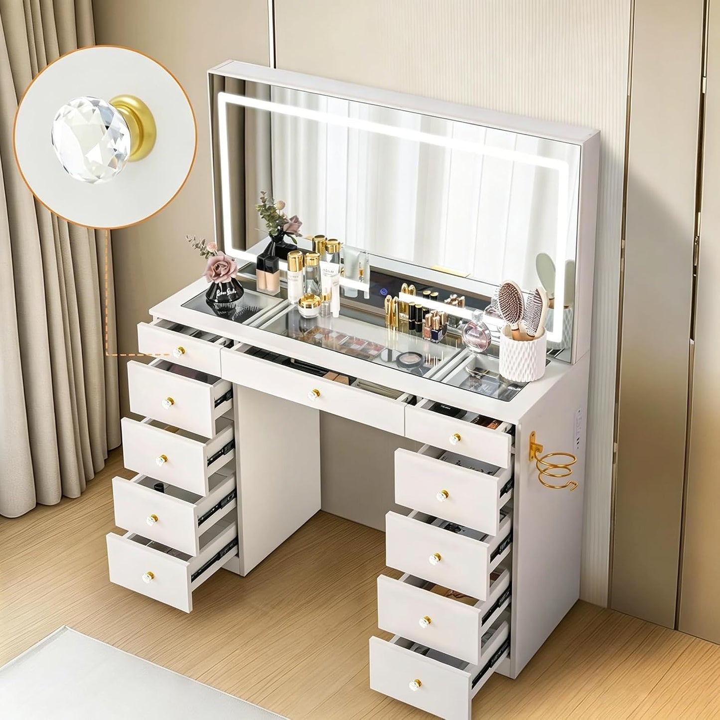 Pamapic Glass Top Vanity Desk with Crystal Handles, 11 Drawers Makeup Vanity with Mirror, 3 Lighting Modes Dressing Table, Power Outlet, Silent Slides, White