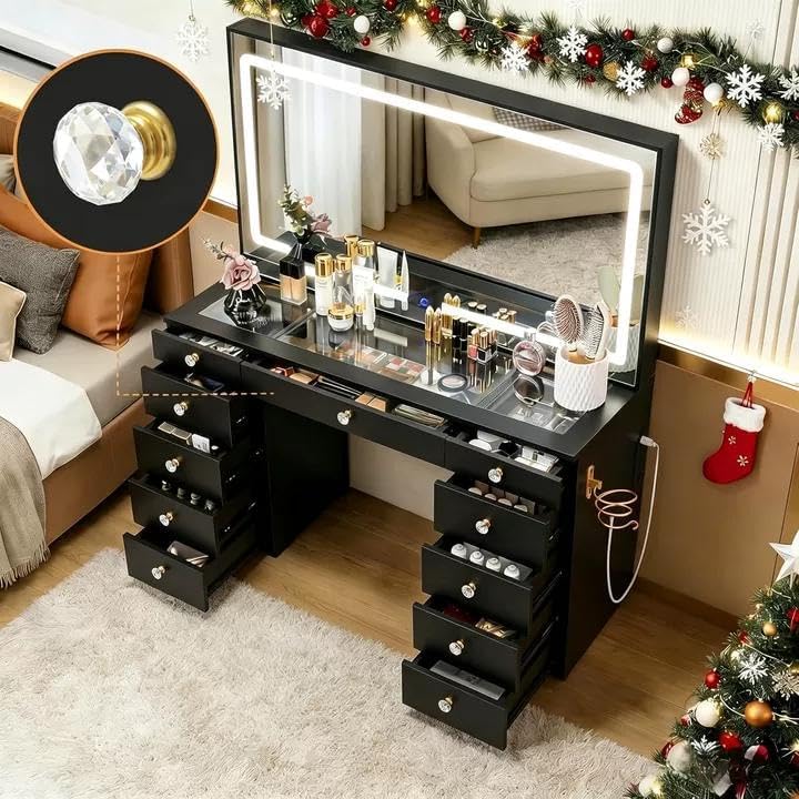 Glass Top Vanity Desk with Mirror and Lights, 11 Drawers Makeup Vanity, 3 Lighting Modes Dressing Table with Power Outlet, Golden Handles, White