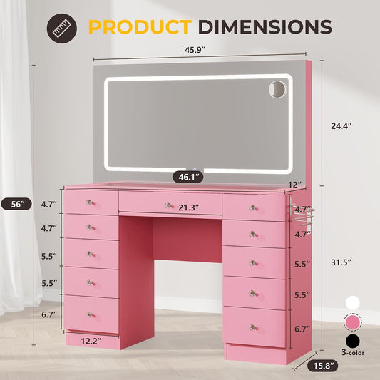 46" Makeup Vanity Desk with Mirror and Lights, 11 Drawers, White