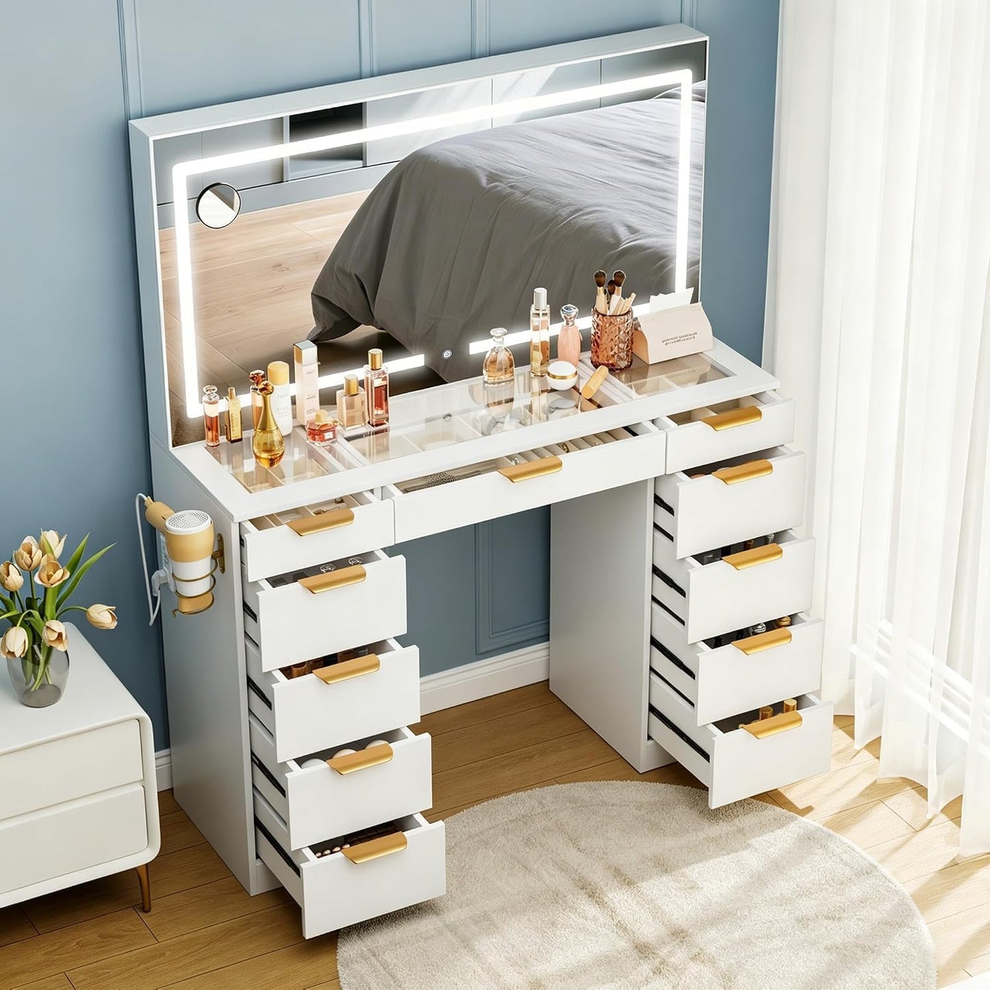 Glass Top Vanity Desk with Mirror and Lights