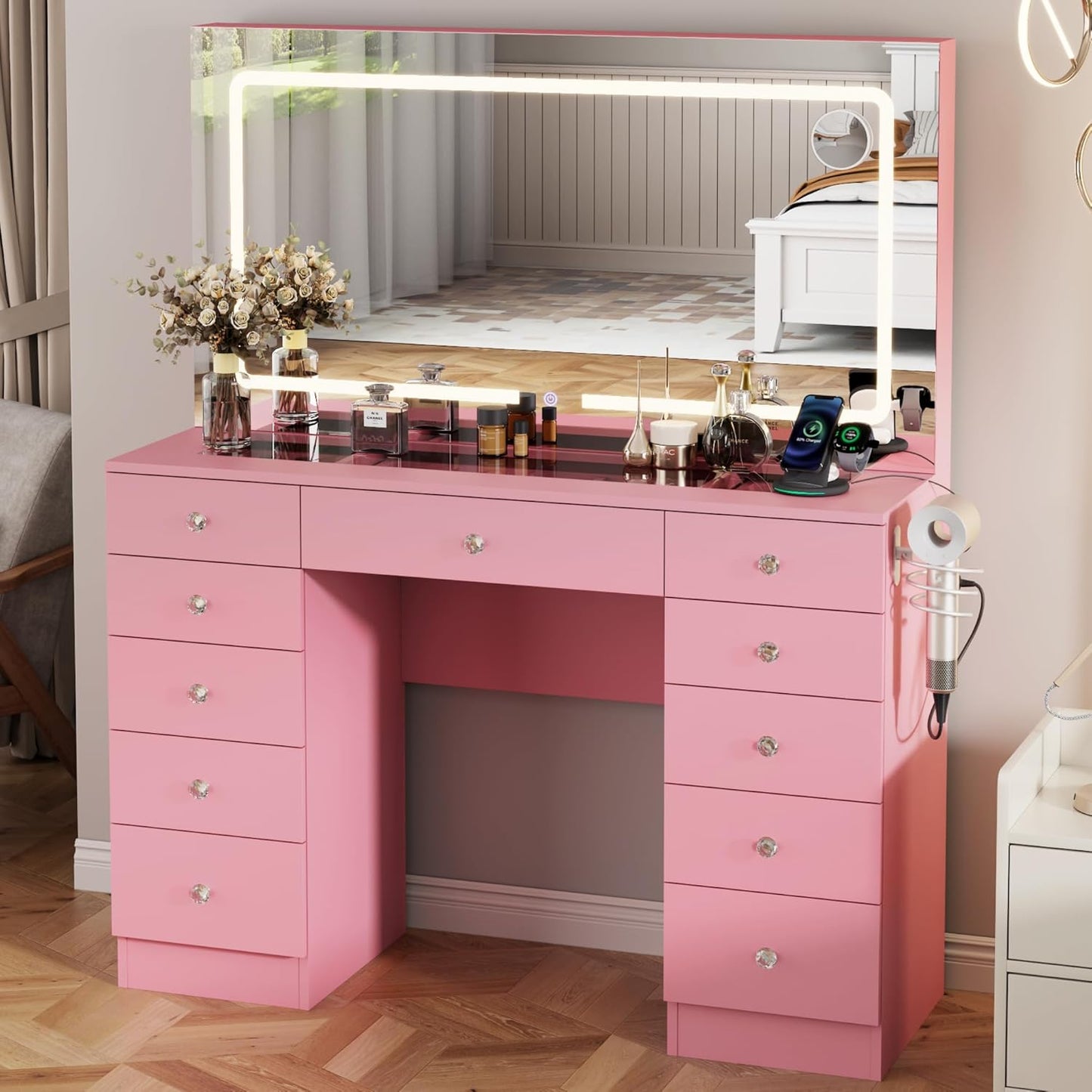 46" Makeup Vanity Desk with Mirror and Lights, 11 Drawers, White