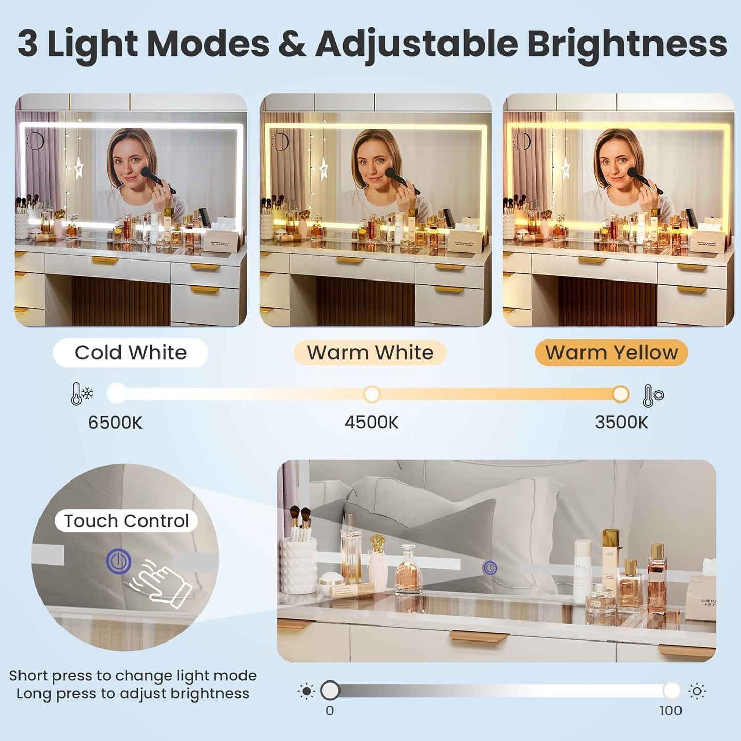 Glass Top Vanity Desk with Mirror and Lights