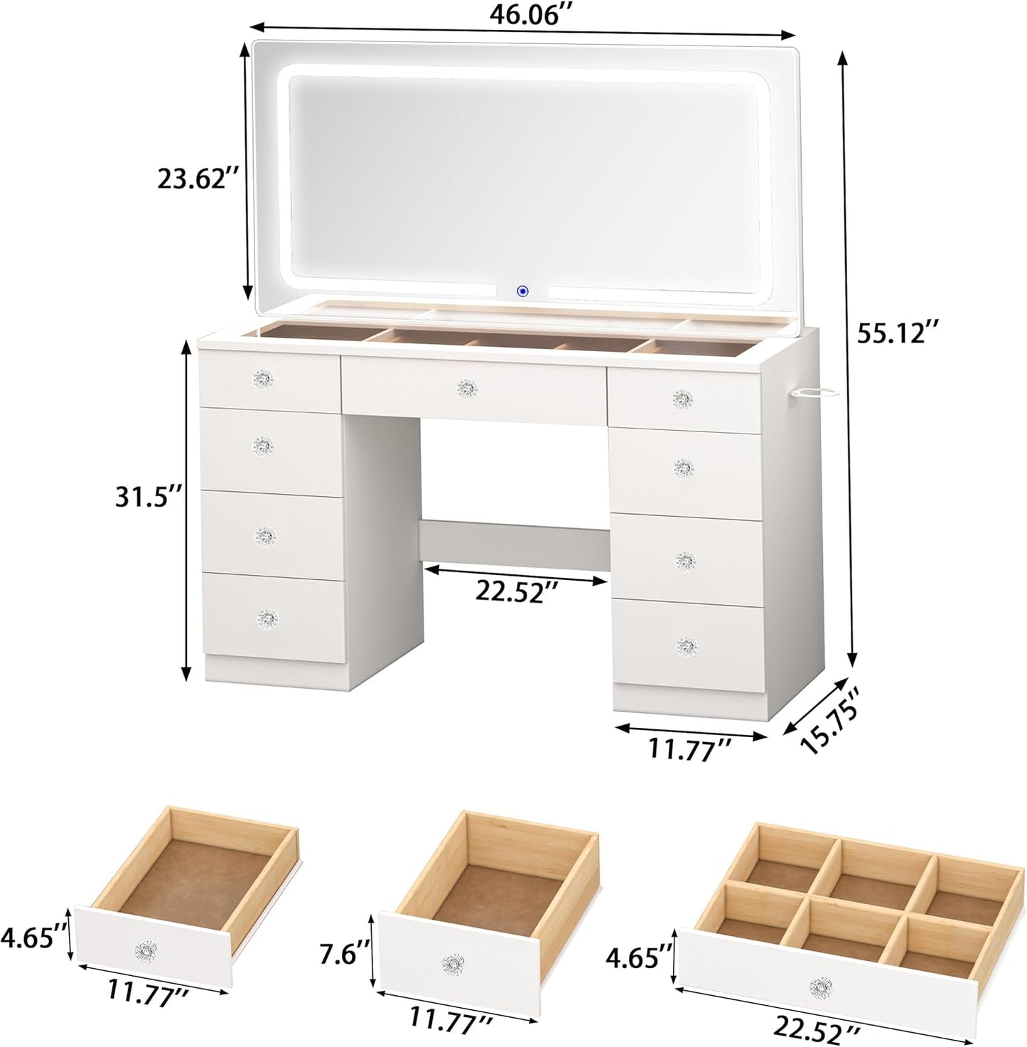 46 INCH Makeup Vanity Desk with Mirror - Glass Tabletop Vanity Table with Lights, Drawers, Power Outlet, Large Storage Desk for Bedroom, White