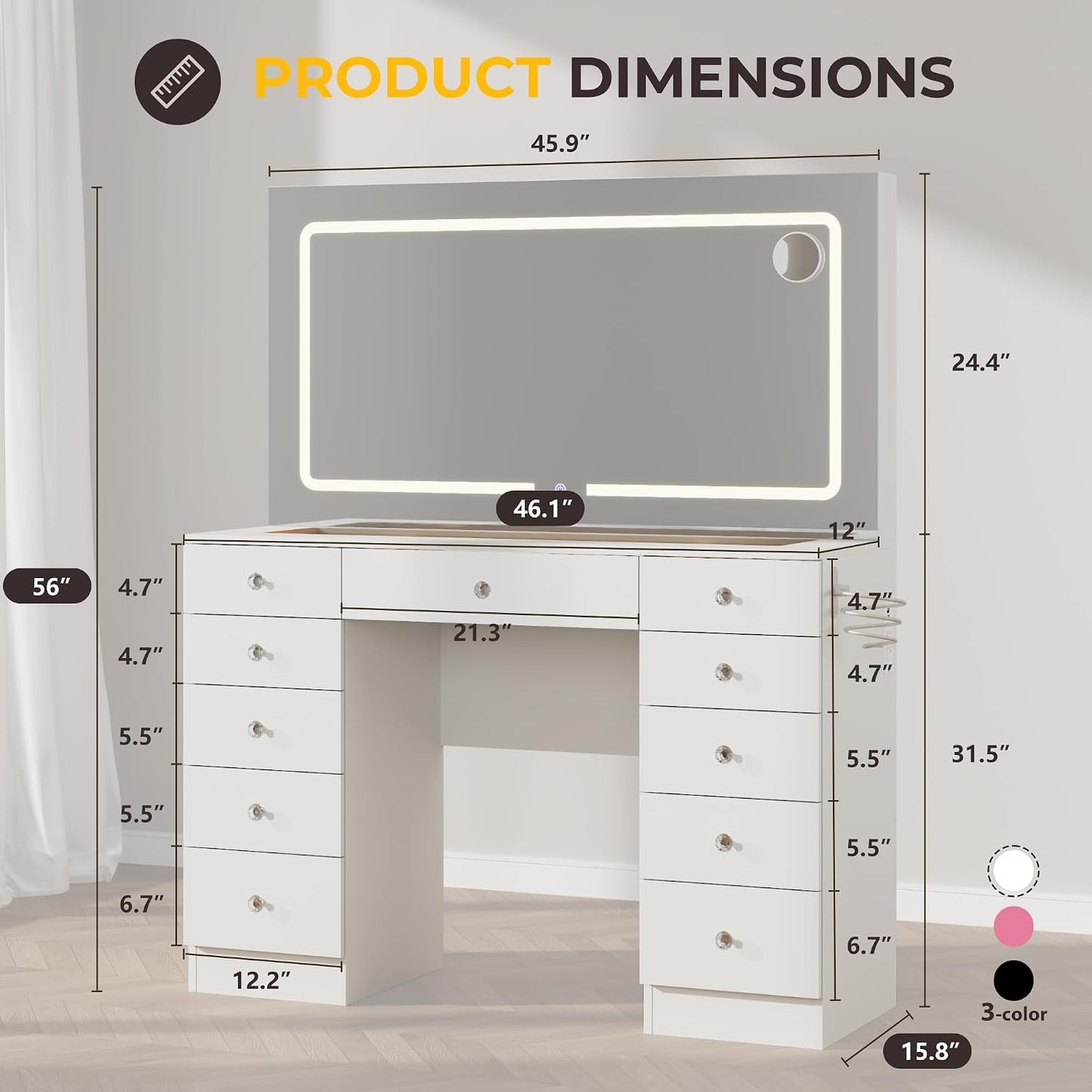 46" Makeup Vanity Desk with Mirror and Lights, 11 Drawers, White