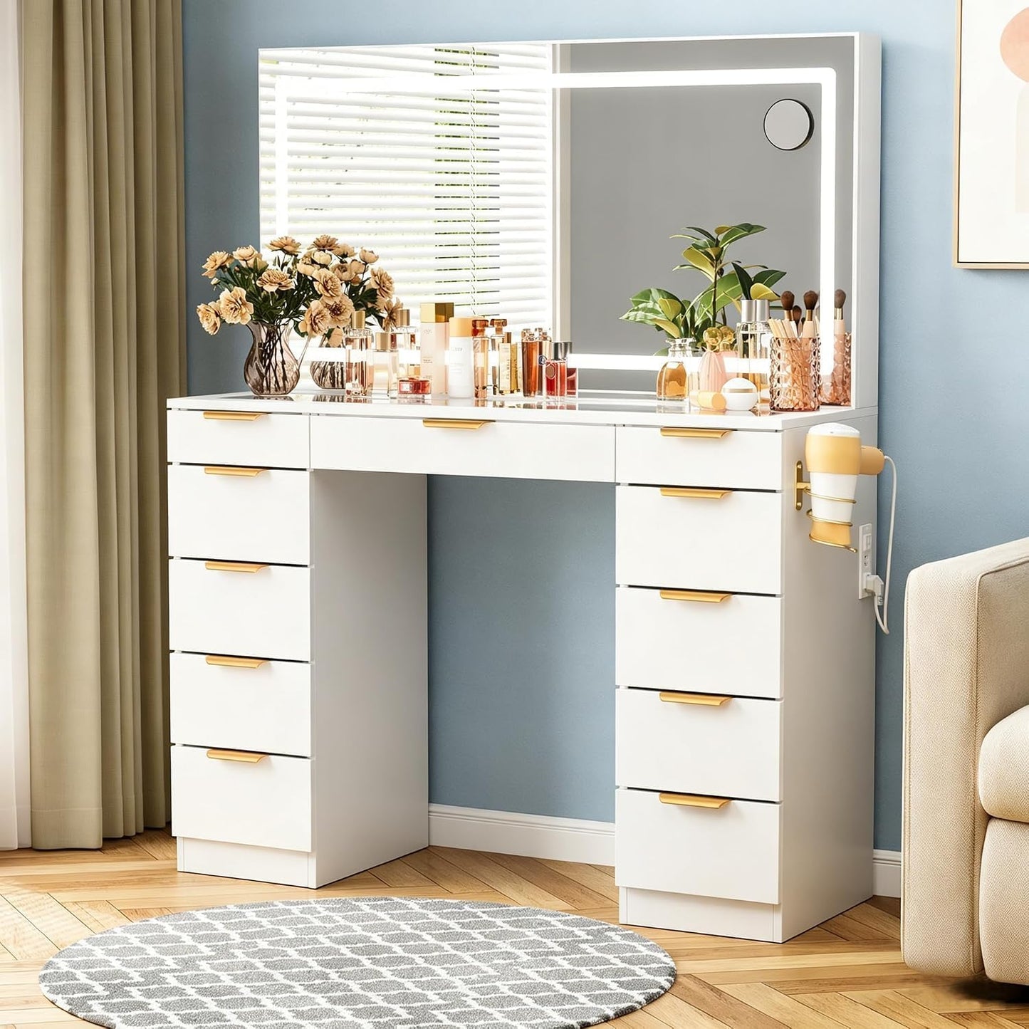 Glass Top Vanity Desk with Mirror and Lights