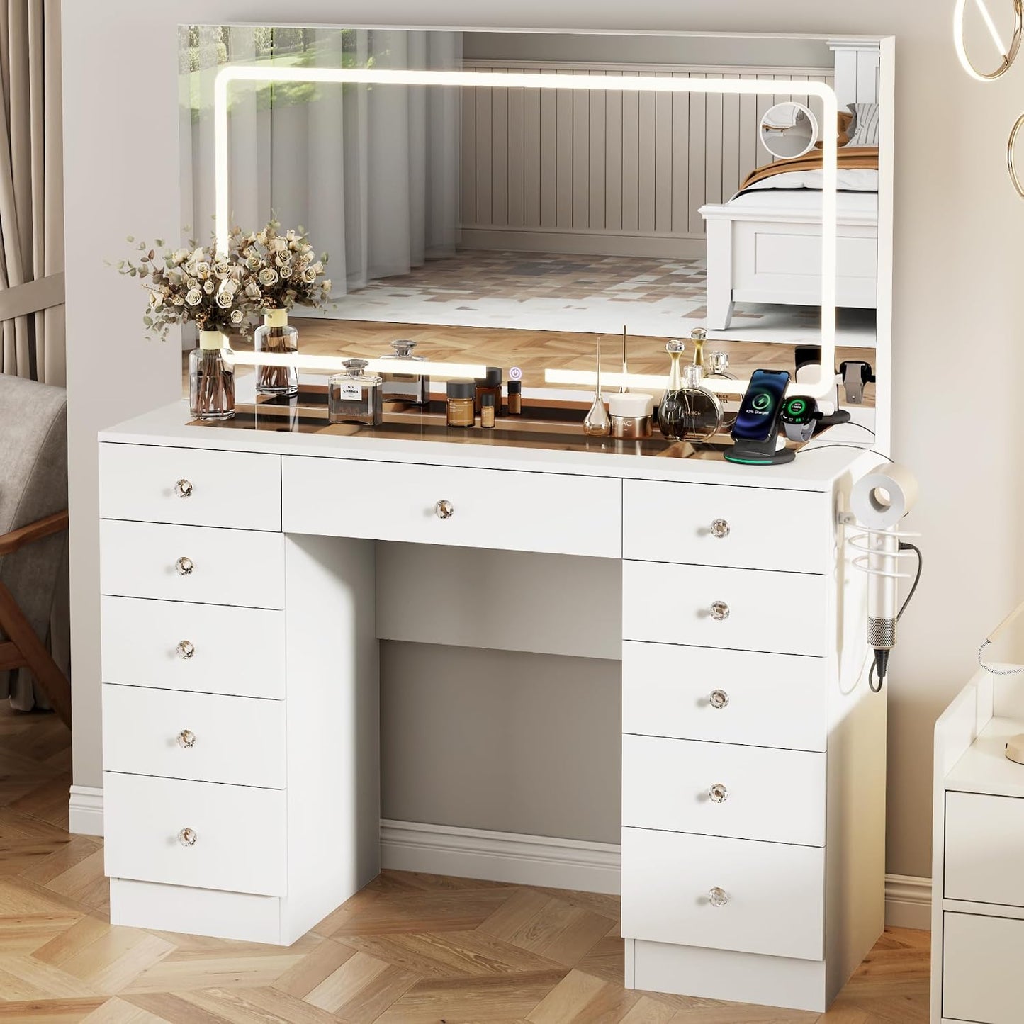 46" Makeup Vanity Desk with Mirror and Lights, 11 Drawers, White