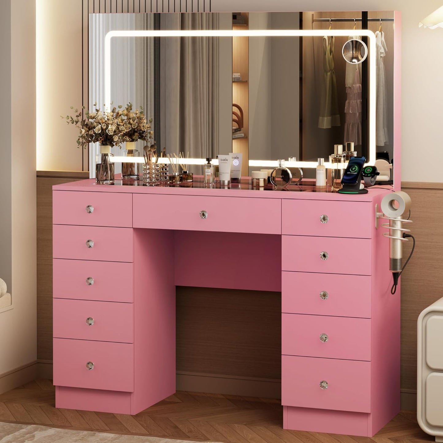 46" Makeup Vanity Desk with Mirror and Lights, 11 Drawers, White