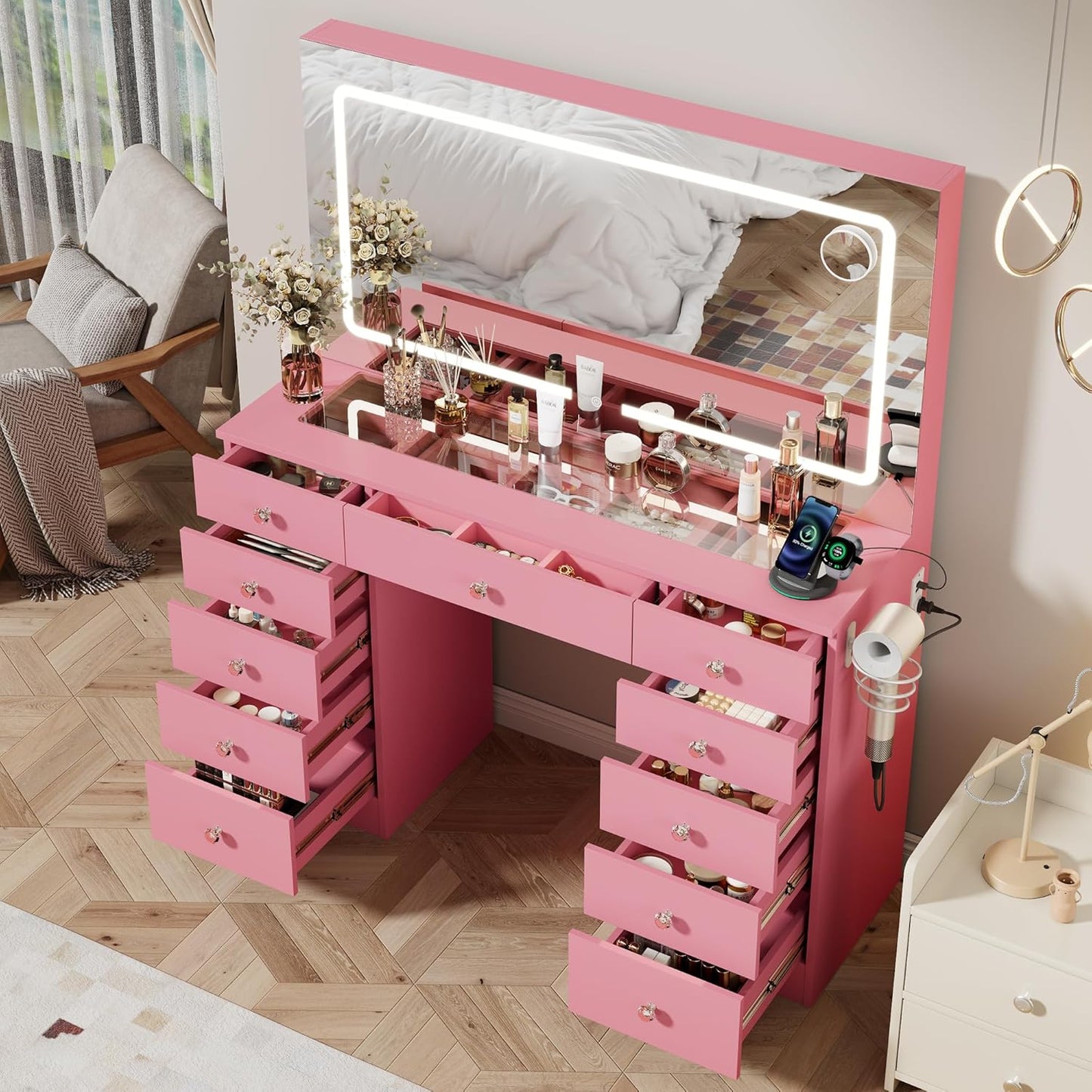 46" Makeup Vanity Desk with Mirror and Lights, 11 Drawers, White