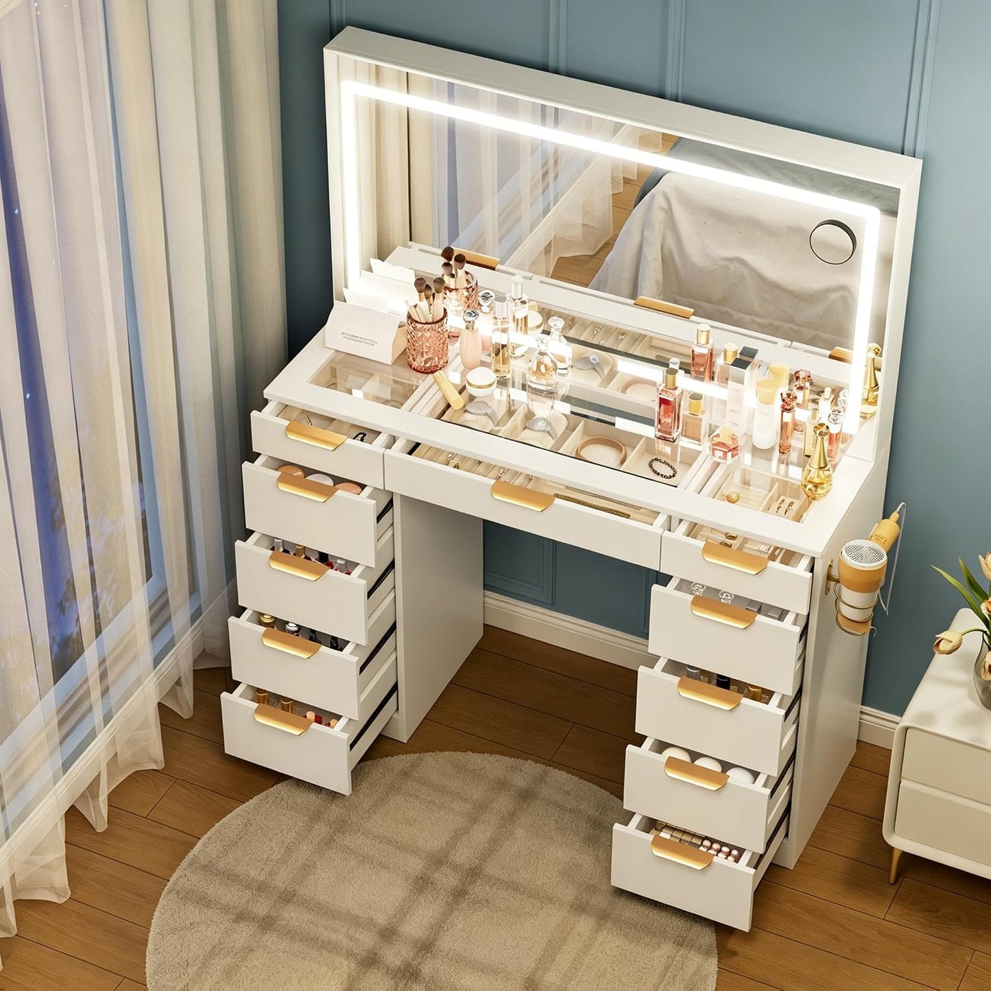 Glass Top Vanity Desk with Mirror and Lights