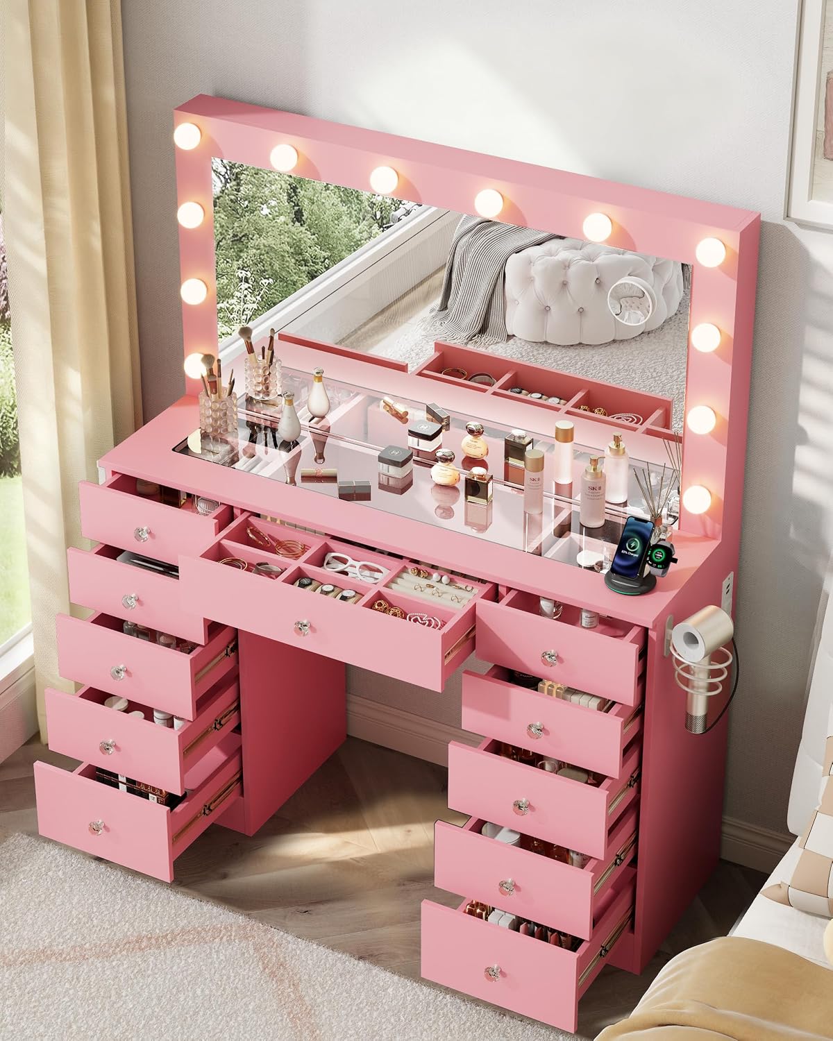 46" Makeup Vanity Desk with Mirror and Lights, 11 Drawers, White