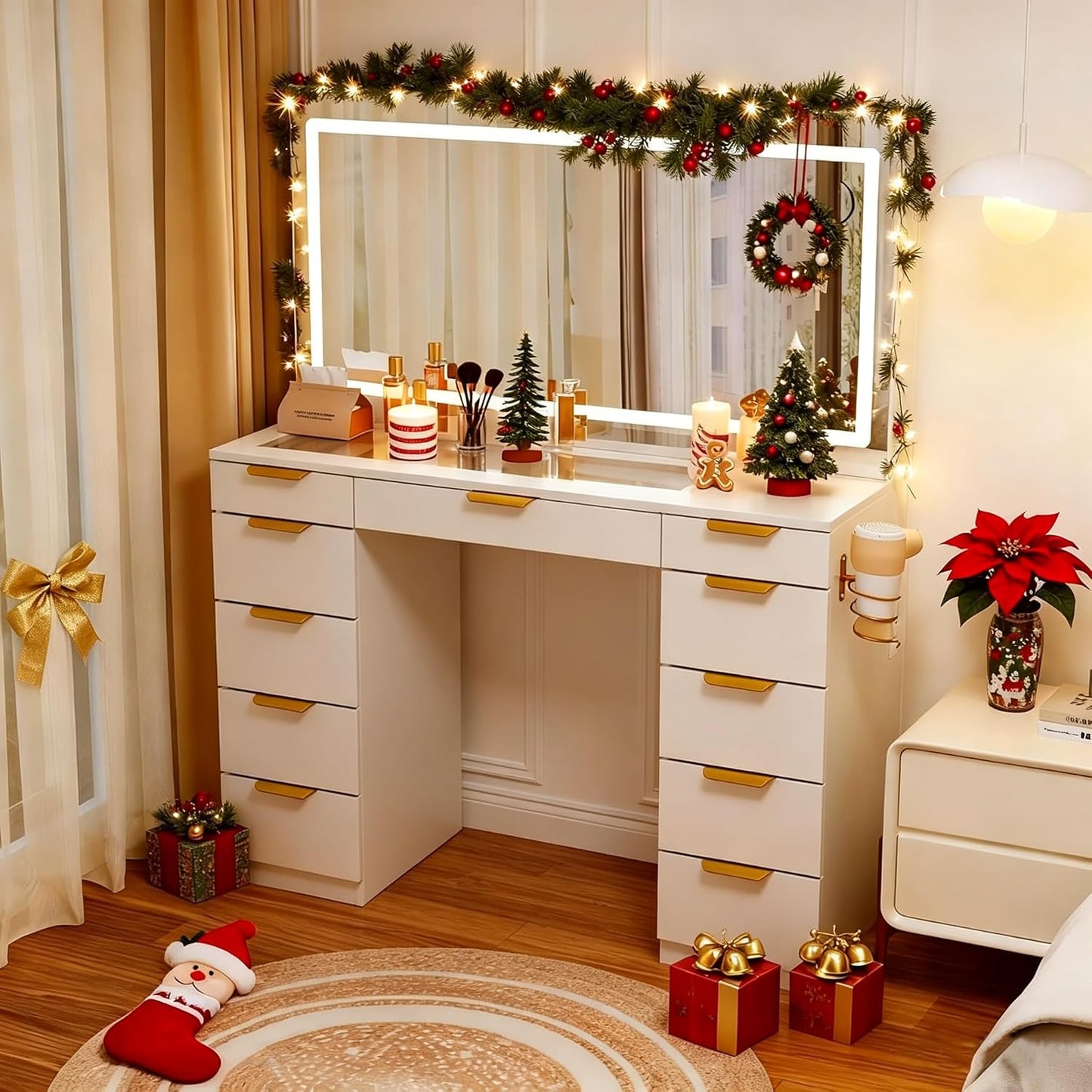 Glass Top Vanity Desk with Mirror and Lights