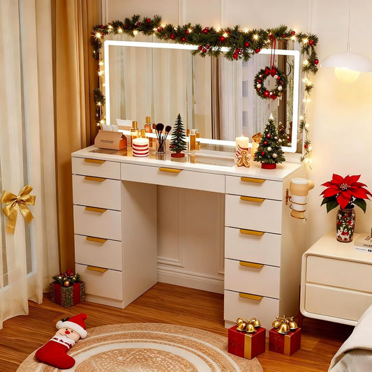 Glass Top Vanity Desk with Mirror and Lights