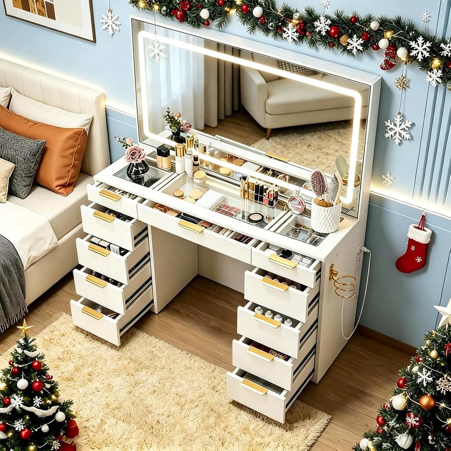 Glass Top Vanity Desk with Mirror and Lights