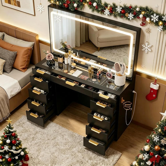 Glass Top Vanity Desk with Mirror and Lights, 11 Drawers Makeup Vanity, 3 Lighting Modes Dressing Table with Power Outlet, Golden Handles, White