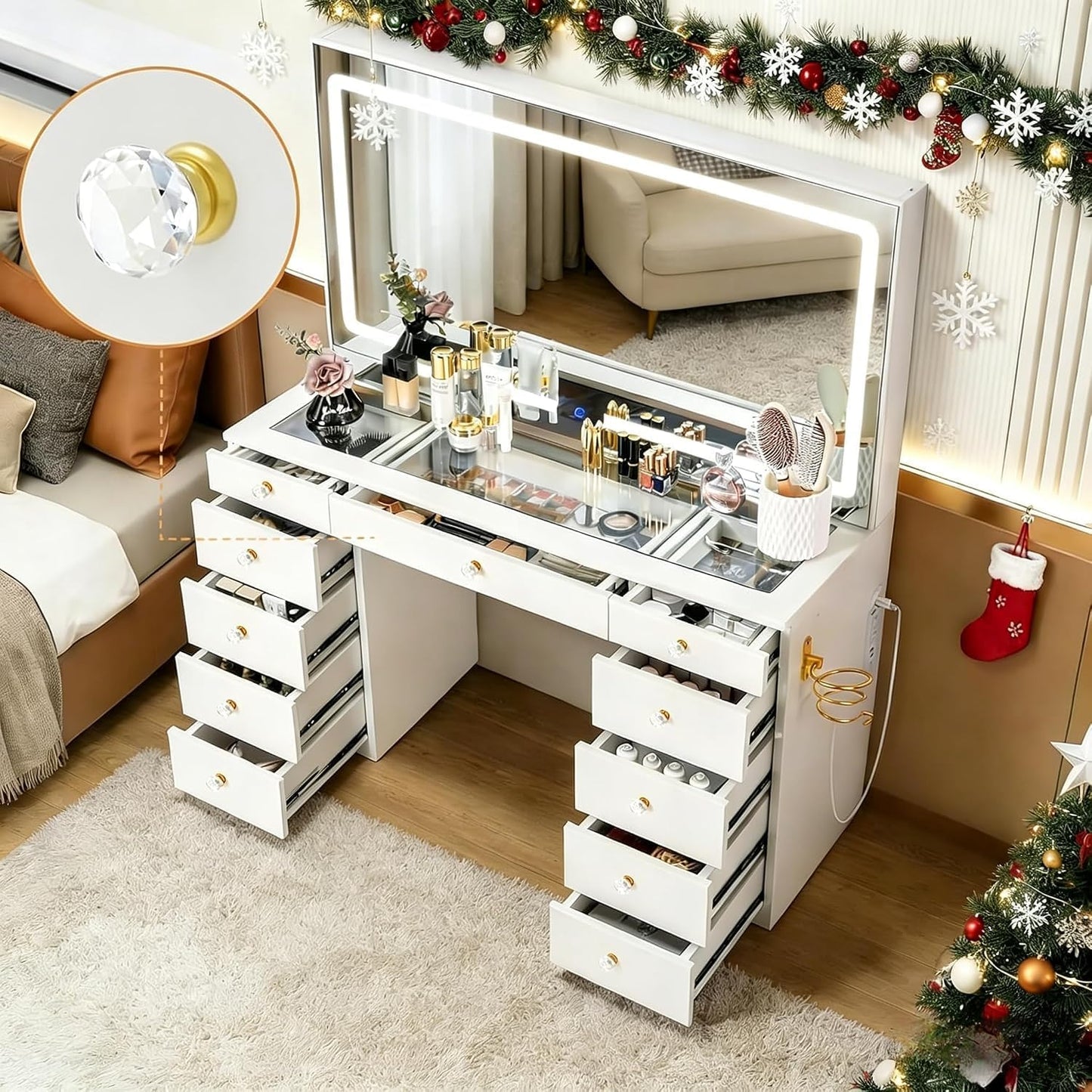 Glass Top Vanity Desk with Mirror and Lights, 11 Drawers Makeup Vanity, 3 Lighting Modes Dressing Table with Power Outlet, Golden Handles, White