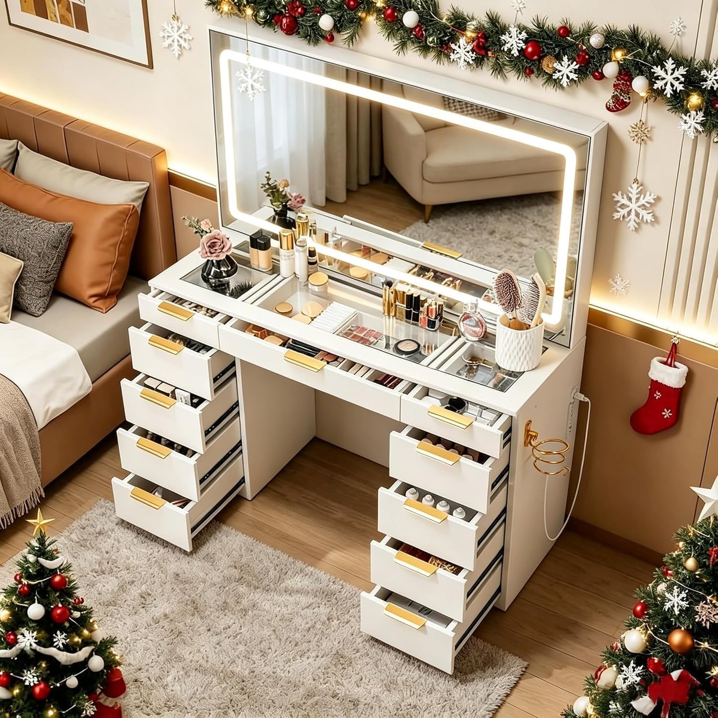 Glass Top Vanity Desk with Mirror and Lights, 11 Drawers Makeup Vanity, 3 Lighting Modes Dressing Table with Power Outlet, Golden Handles, White