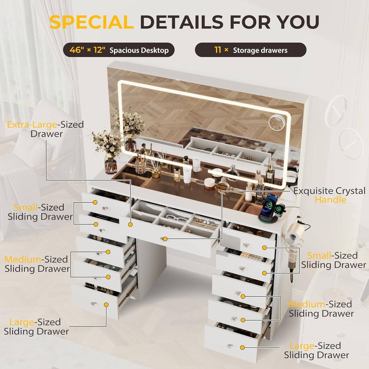 46" Makeup Vanity Desk with Mirror and Lights, 11 Drawers, White