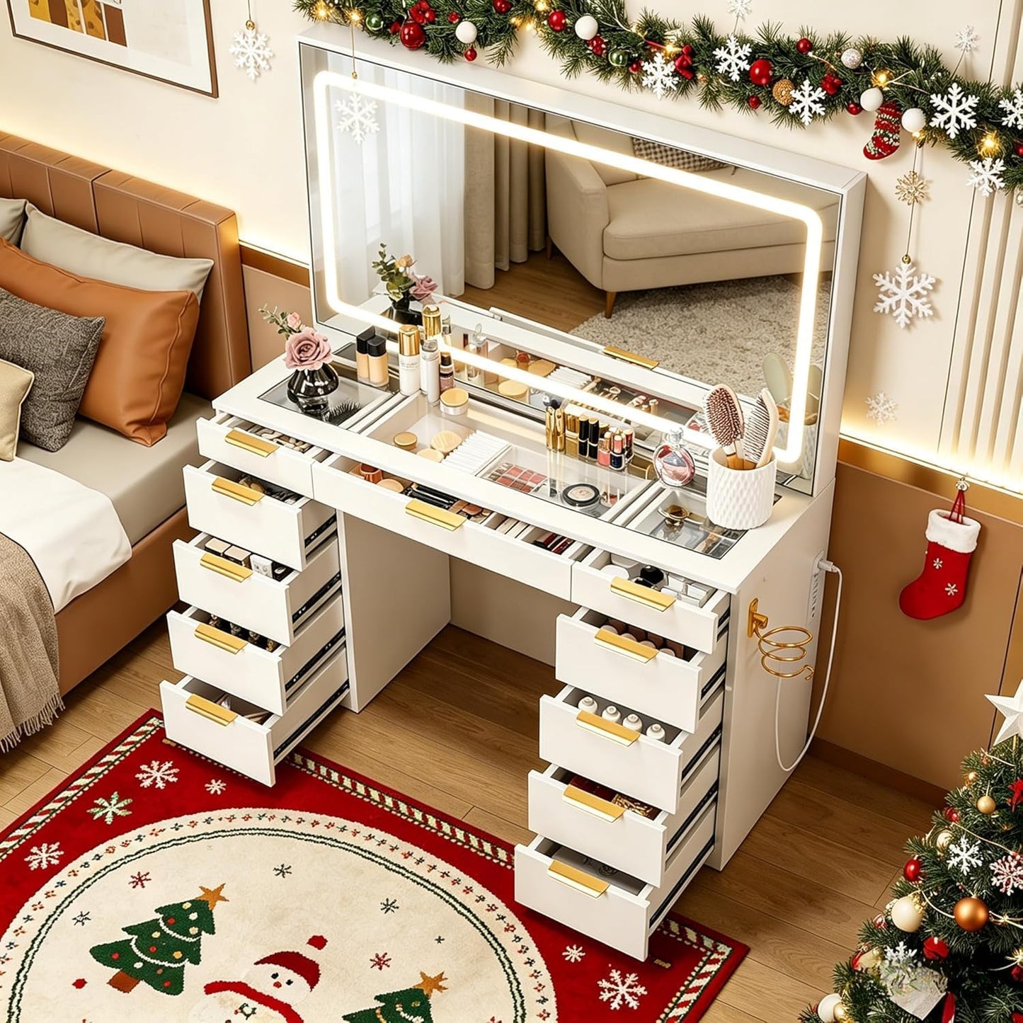 Pamapic Glass Top Vanity Desk with Crystal Handles and 11 Drawers, Makeup Vanity with Mirror and Lights, 3 Lighting Modes Dressing Table, Power Outlet, Silent Slides, White