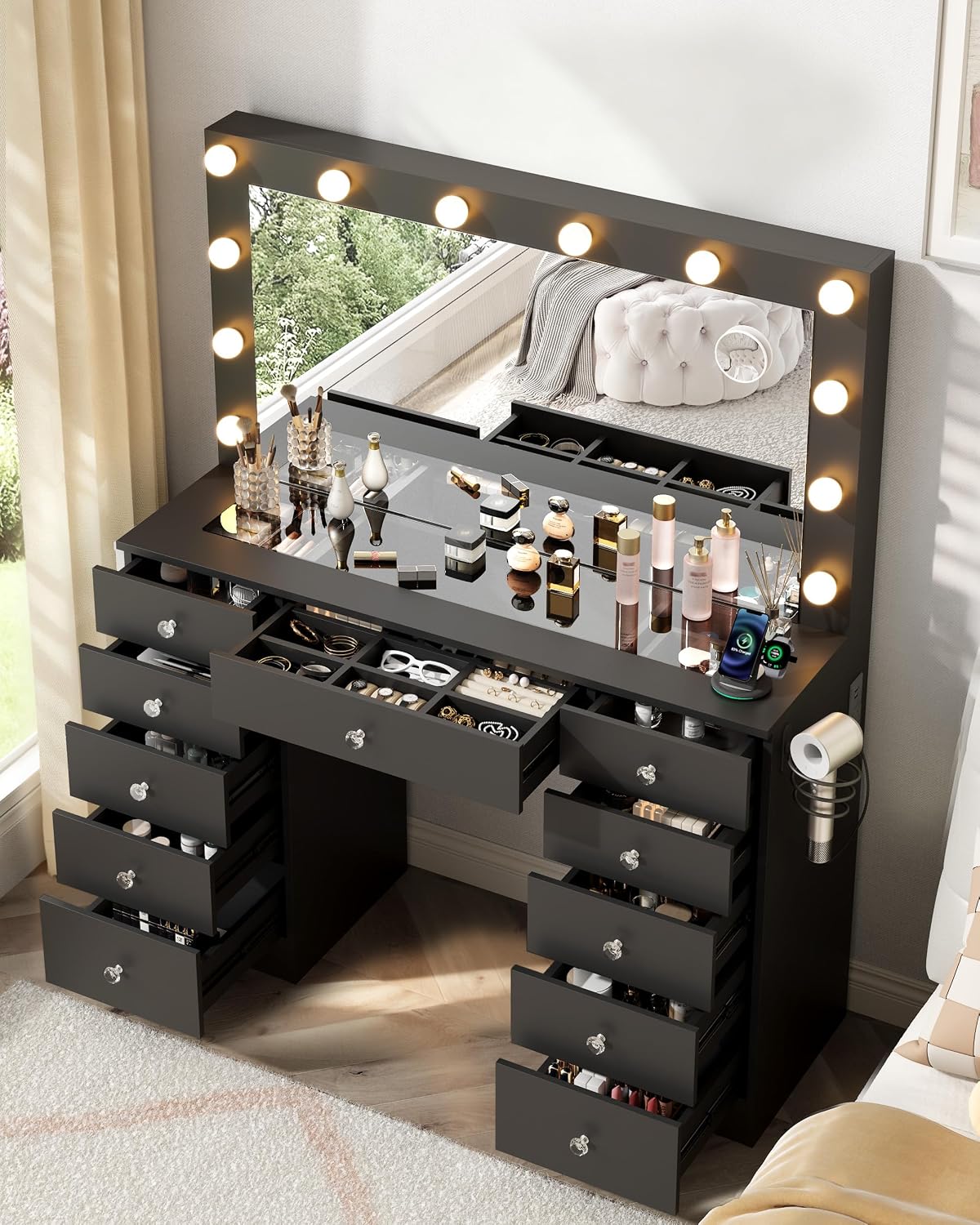 46" Makeup Vanity Desk with Mirror and Lights, 11 Drawers, White