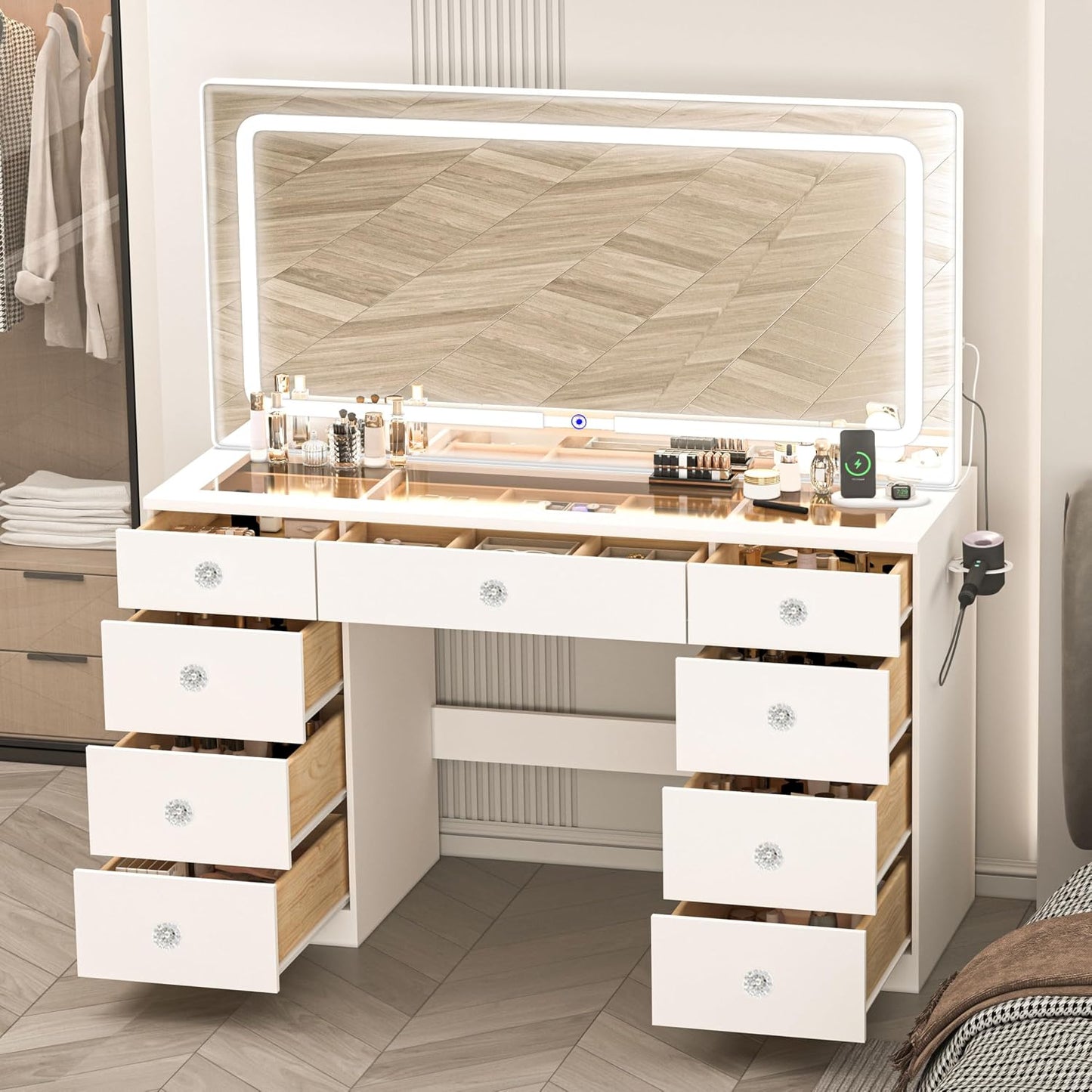 46 INCH Makeup Vanity Desk with Mirror - Glass Tabletop Vanity Table with Lights, Drawers, Power Outlet, Large Storage Desk for Bedroom, White