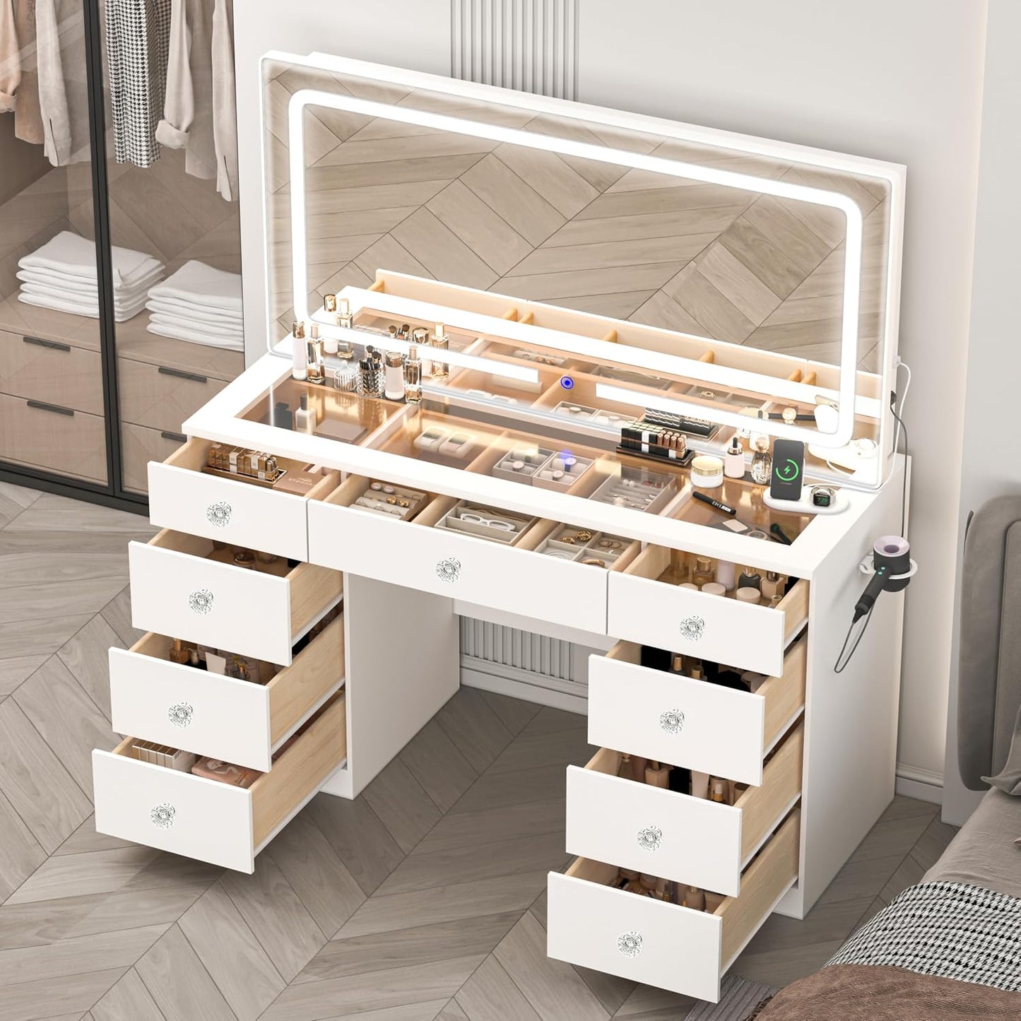 46 INCH Makeup Vanity Desk with Mirror - Glass Tabletop Vanity Table with Lights, Drawers, Power Outlet, Large Storage Desk for Bedroom, White