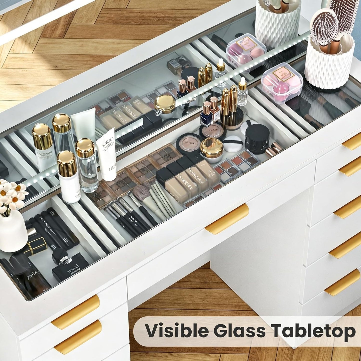 Glass Top Vanity Desk with Mirror and Lights