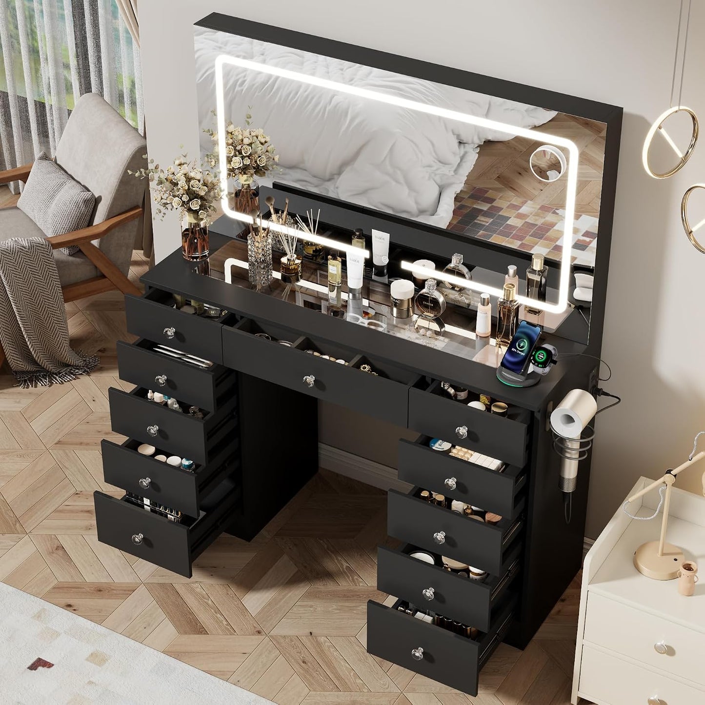 46" Makeup Vanity Desk with Mirror and Lights, 11 Drawers, White