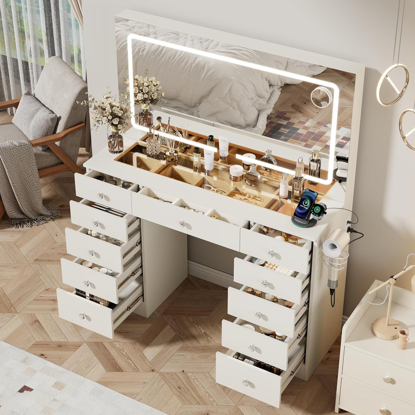 46" Makeup Vanity Desk with Mirror and Lights, 11 Drawers, White